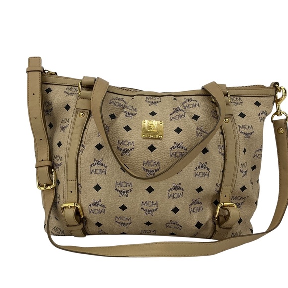 MCM Visetos Medium Essentials Shopper Tote – Beige with Monogram - Picture 9 of 12